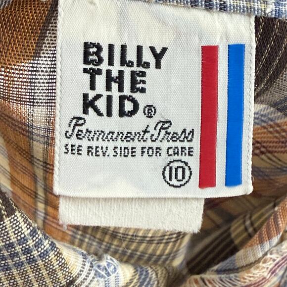 Vintage 70s Billy The Kid Tan Blue Plaid Long Sleeve Button Front Shirt 10 - Picture 2 of 3